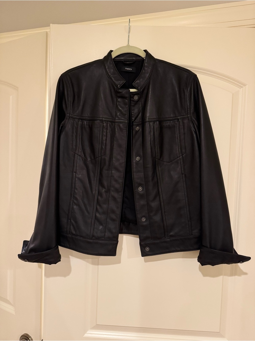 Theory Black Leather Stand-Collar Snap Jacket